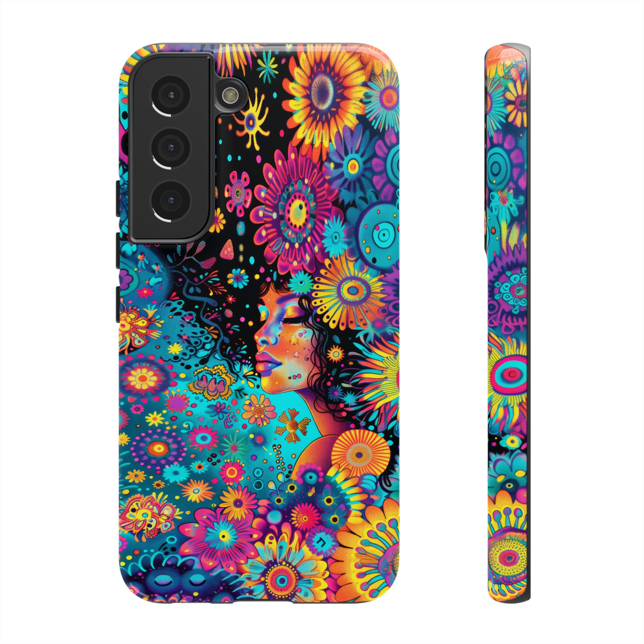 Phone Case, 1970's inspired flower girl, Artistic design, Tough Case, Colorful whimsical flower fantasy design, iPhone 15, 14, 13, 12, 11, Samsung, Pixel