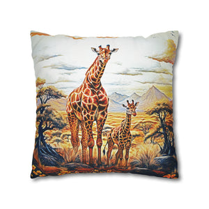 Square Pillow Case 18" x 18", CASE ONLY, no pillow form, original Art ,Colorful, A Mother Giraffe and Her Calf on the African Plain