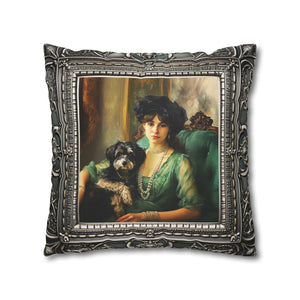 Square Pillow Case 18" x 18", CASE ONLY, no pillow form, original Art , a French Woman and her Dog in an Antique Frame