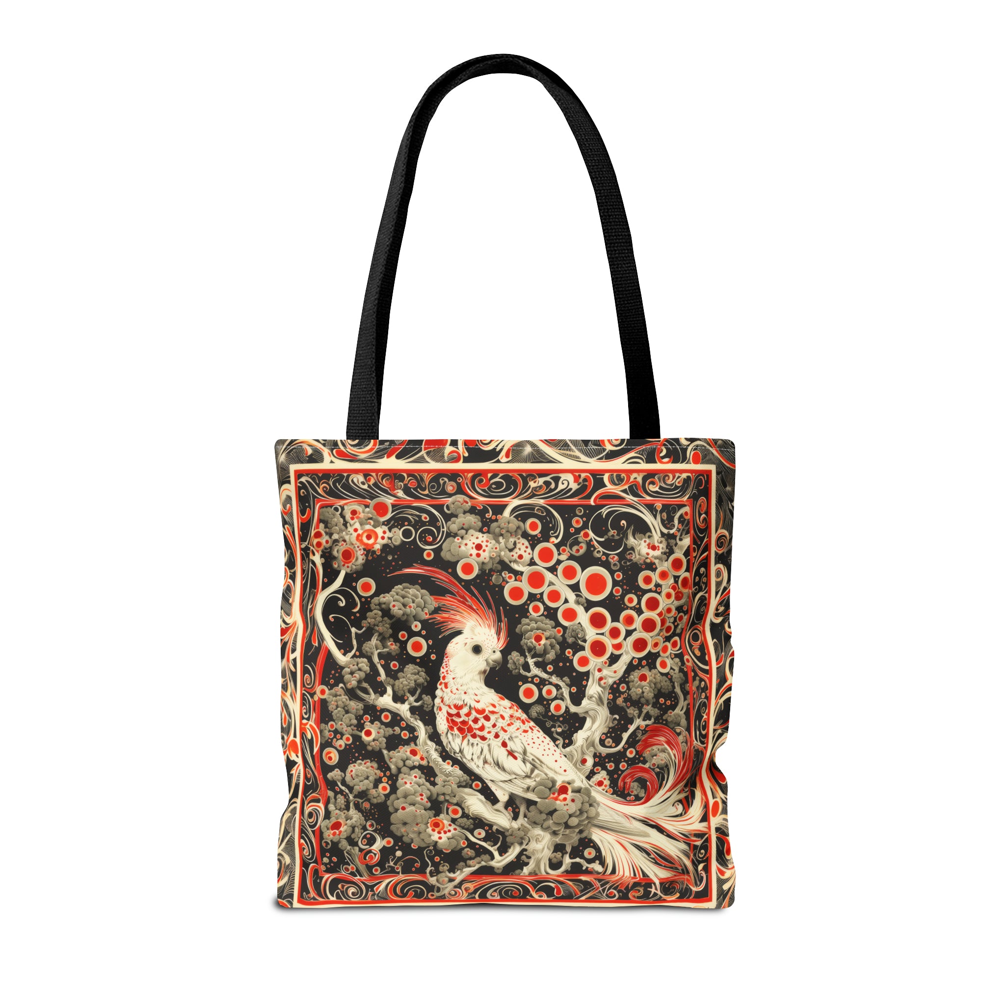 Canvas Tote Bag, vintage inspired bird design, vibrant artistic accessory, whimsical all over print bag in three sizes, cockatiel design