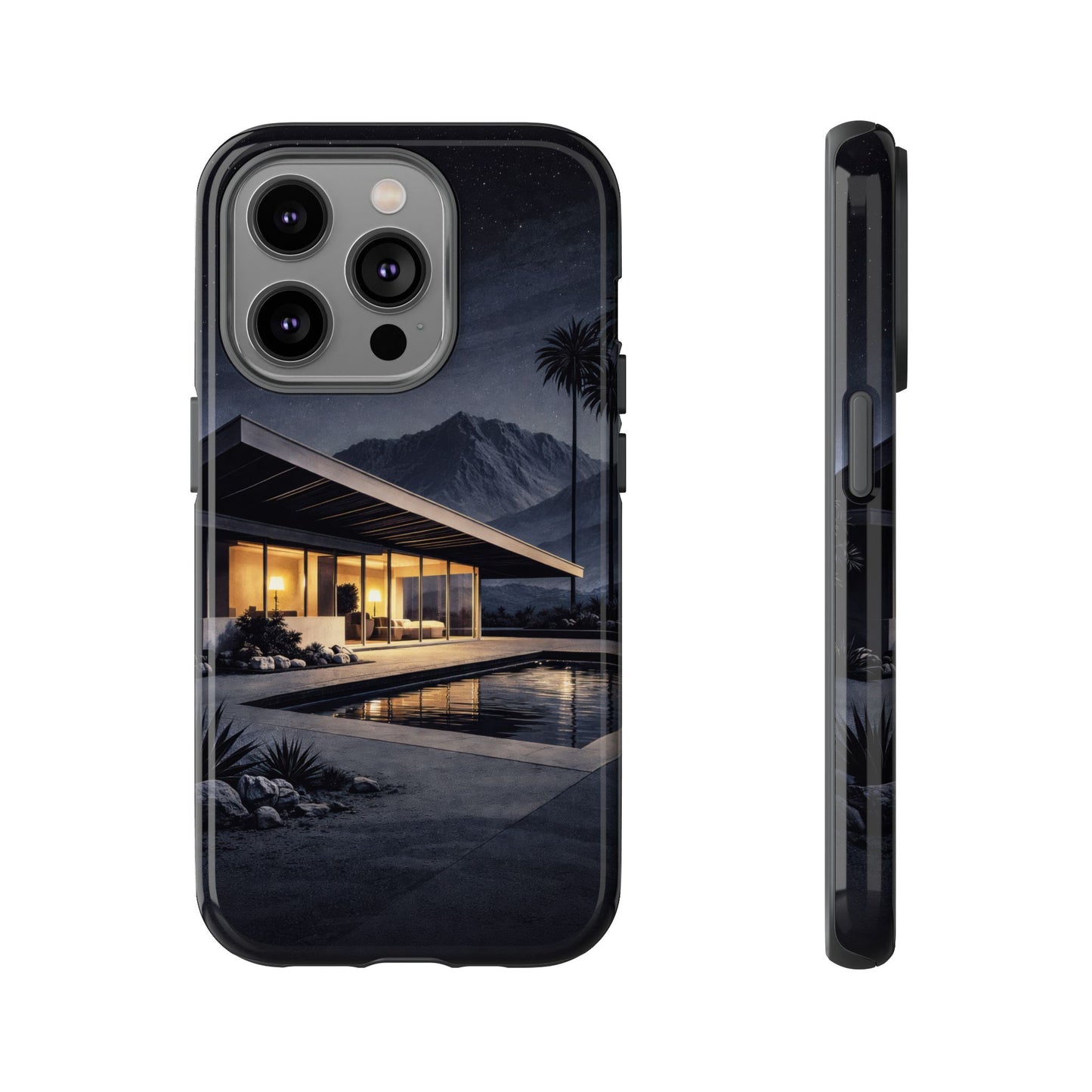 Modern Palm Springs House Phone Case — Mid-Century Poolside Evening Scene