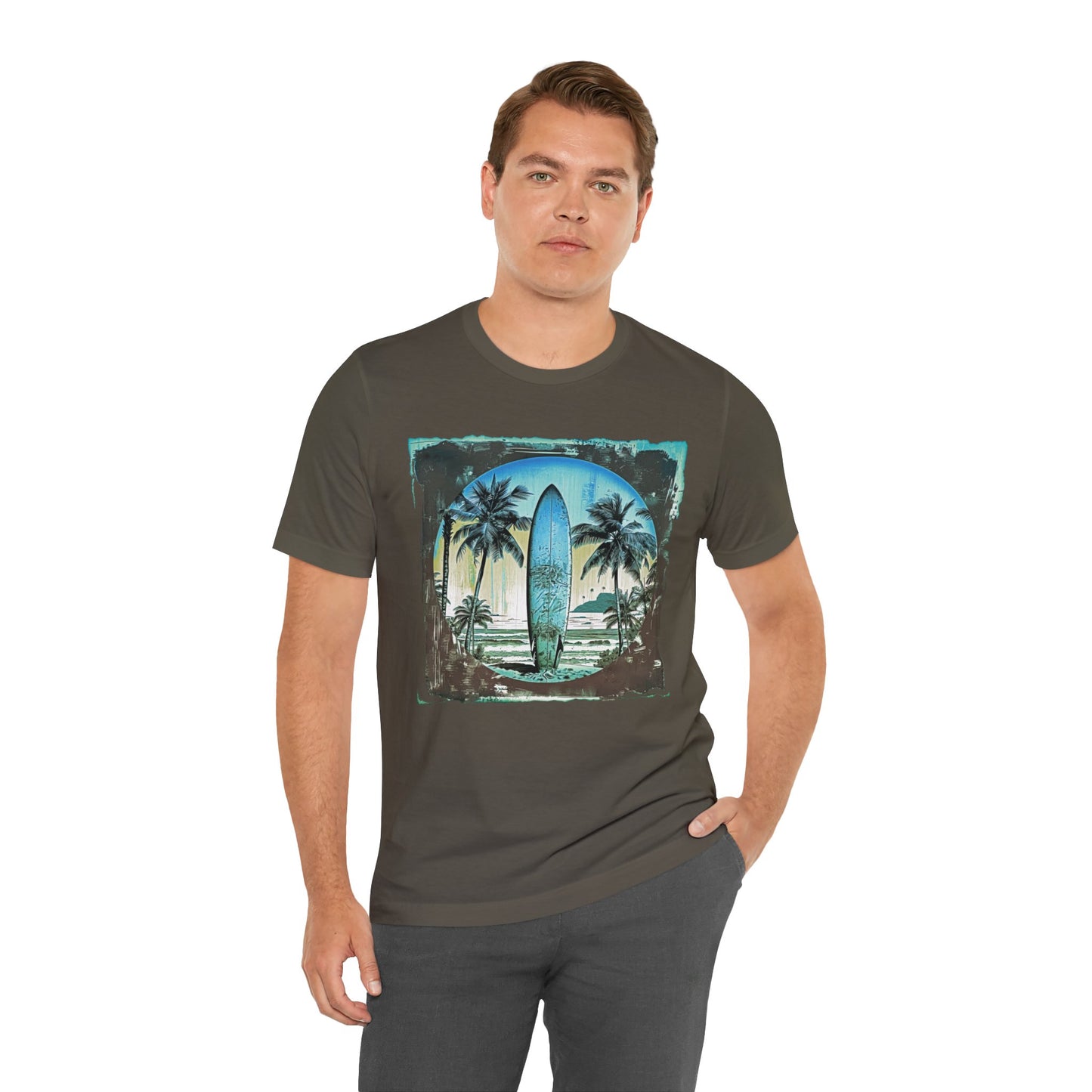 Blue board on the beach Unisex Jersey Short Sleeve Tee