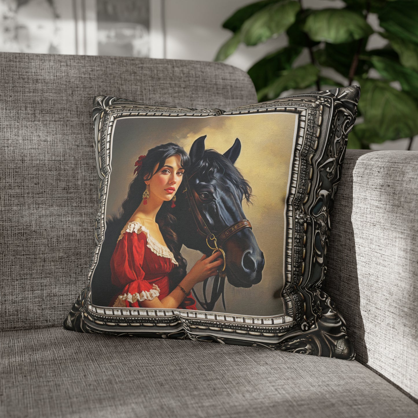 Square Pillow Case 18" x 18", CASE ONLY, no pillow form, original Art, A beautiful Painting of a Woman and Her Horse in an Antique Frame