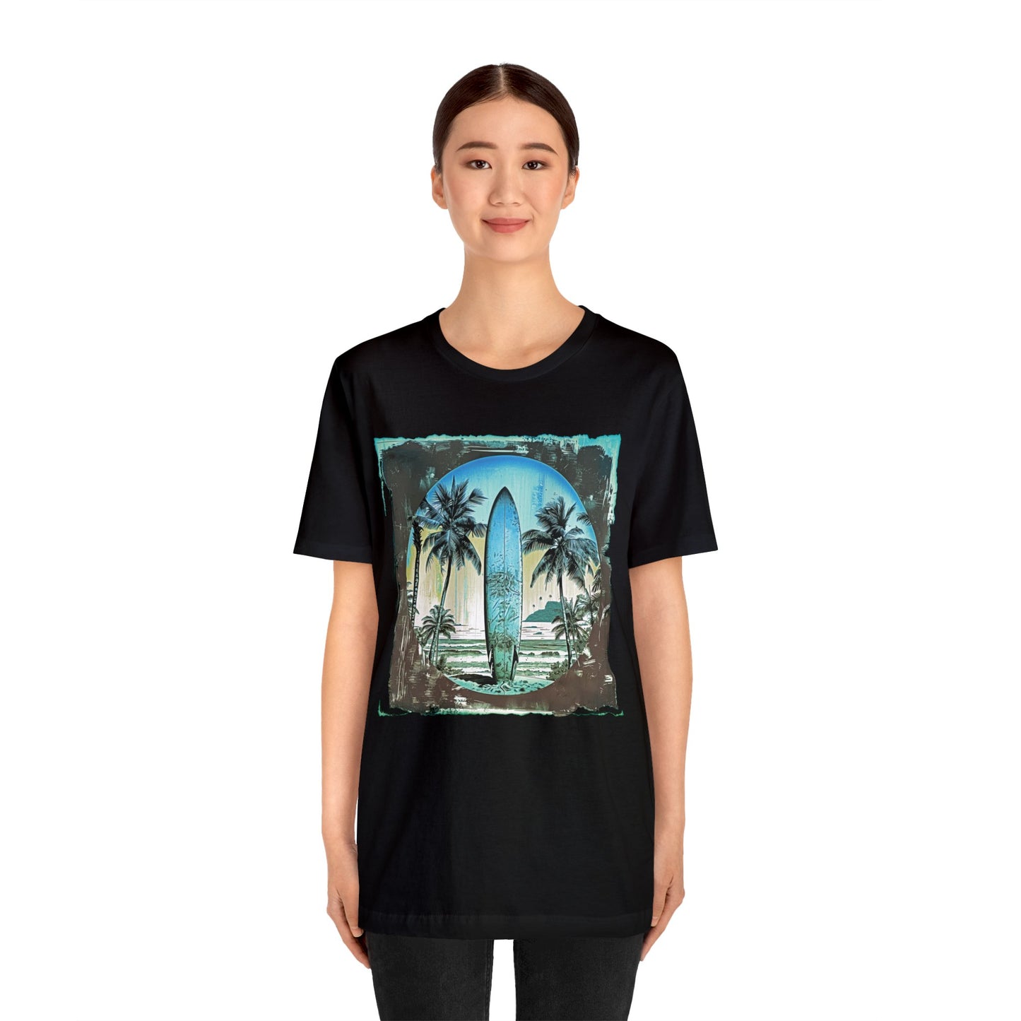 Blue board on the beach Unisex Jersey Short Sleeve Tee