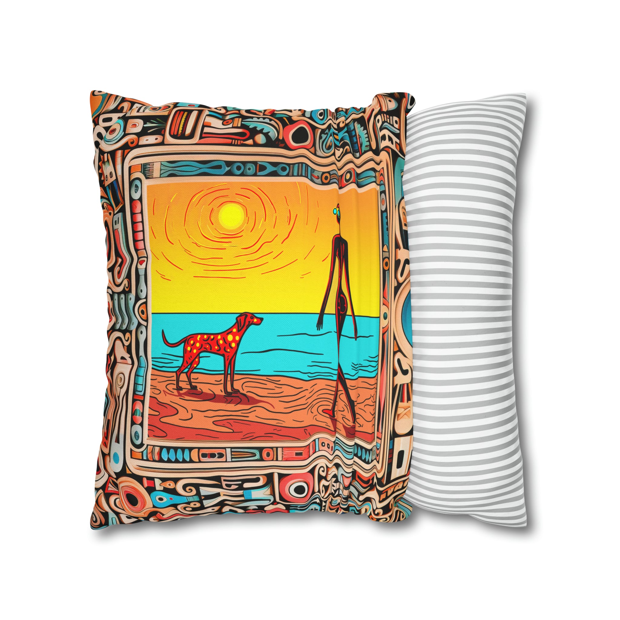 Square Pillow Case 18" x 18", CASE ONLY, no pillow form, original Pop Art Style, Alien & her Spotted Dog at the Beach, In a Frame