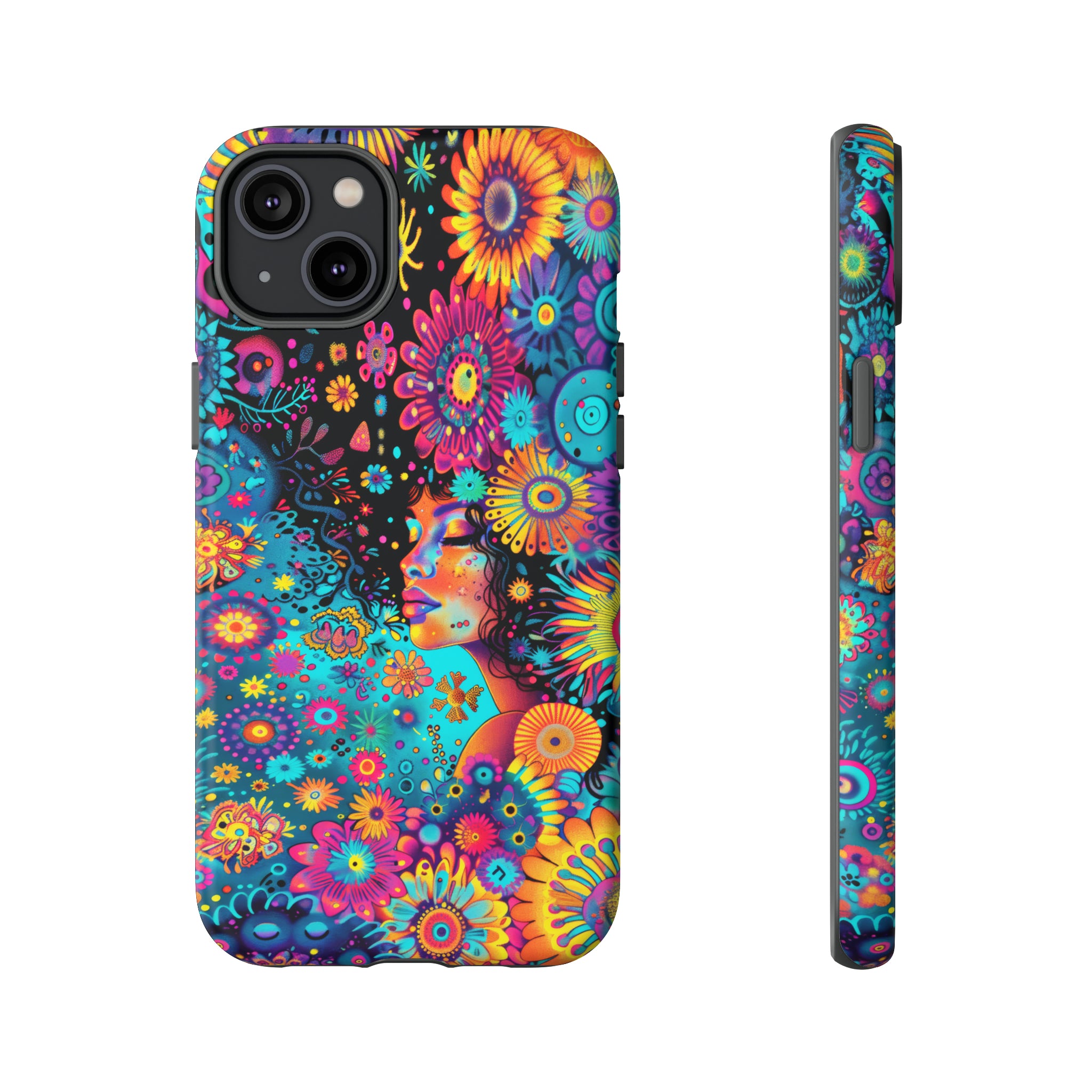 Phone Case, 1970's inspired flower girl, Artistic design, Tough Case, Colorful whimsical flower fantasy design, iPhone 15, 14, 13, 12, 11, Samsung, Pixel