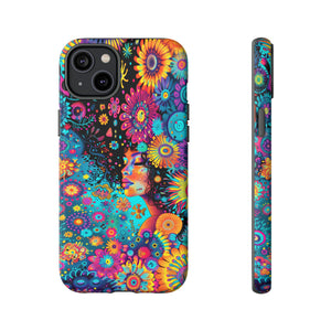 Phone Case, 1970's inspired flower girl, Artistic design, Tough Case, Colorful whimsical flower fantasy design, iPhone 15, 14, 13, 12, 11, Samsung, Pixel