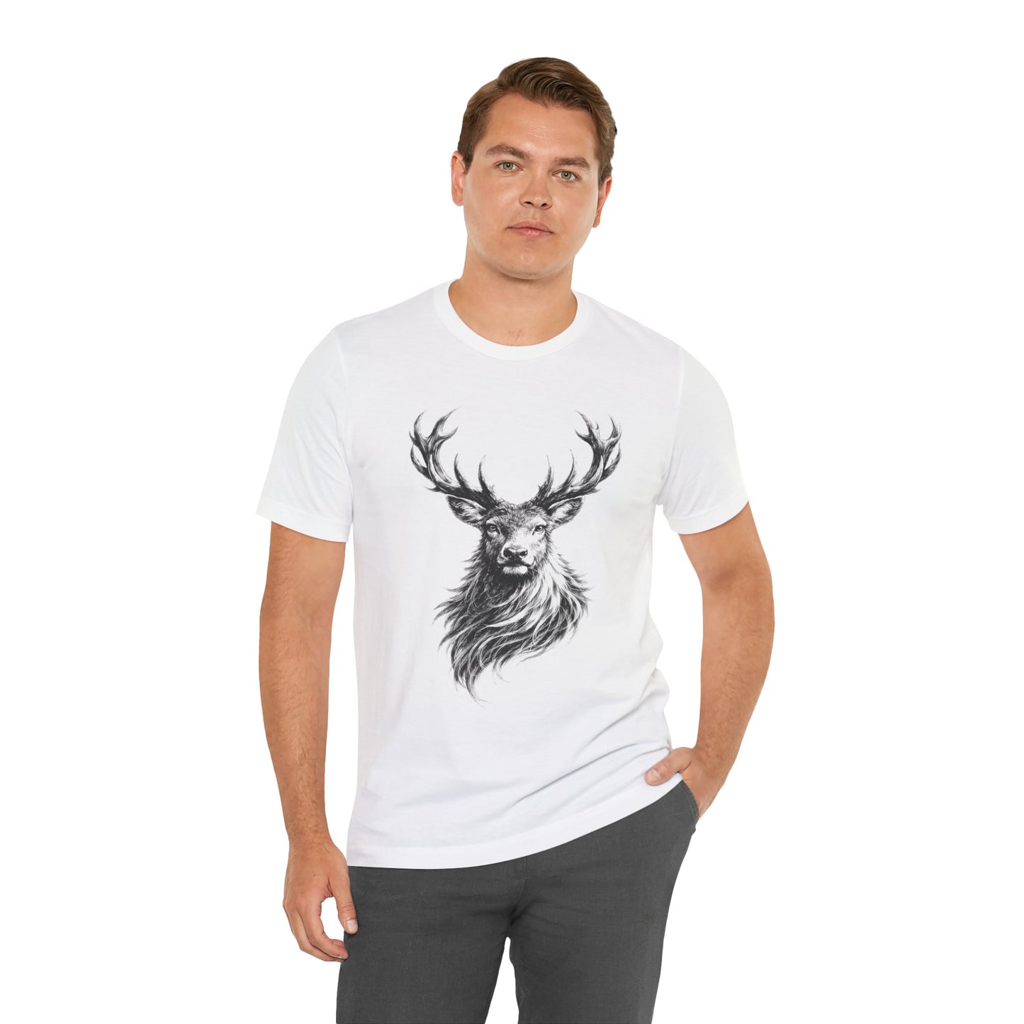 Stag Deer Charcoal Sketch T-Shirt – Black & White Wildlife Art unisex Tee