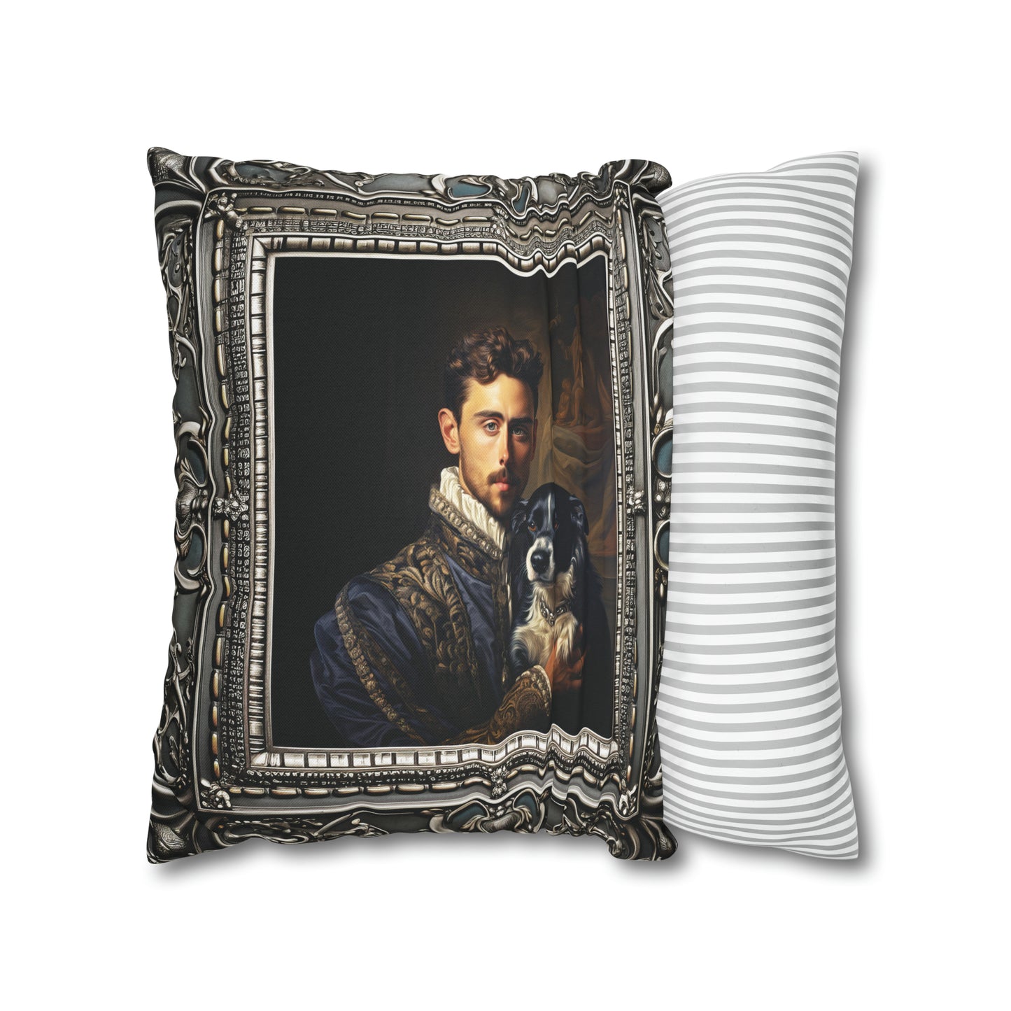 Square Pillow Case 18" x 18", CASE ONLY, no pillow form, original Art , a painterly Pillow of Renaissance Royalty with his Dog Antique Frame