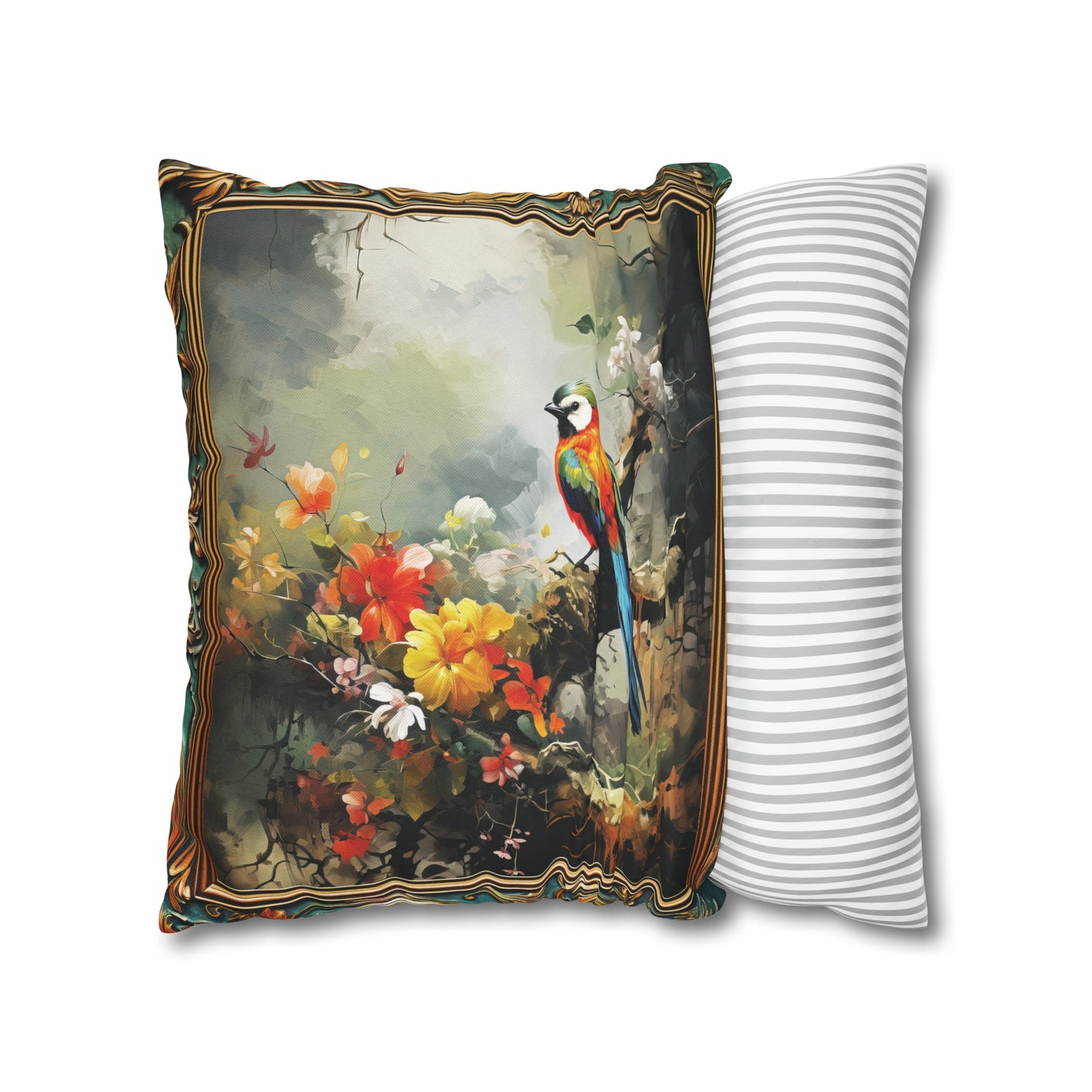 Square Pillow Case 18" x 18", CASE ONLY, no pillow form, original Art , a Colorful Green headed Bird on a Flowering Tree Branch