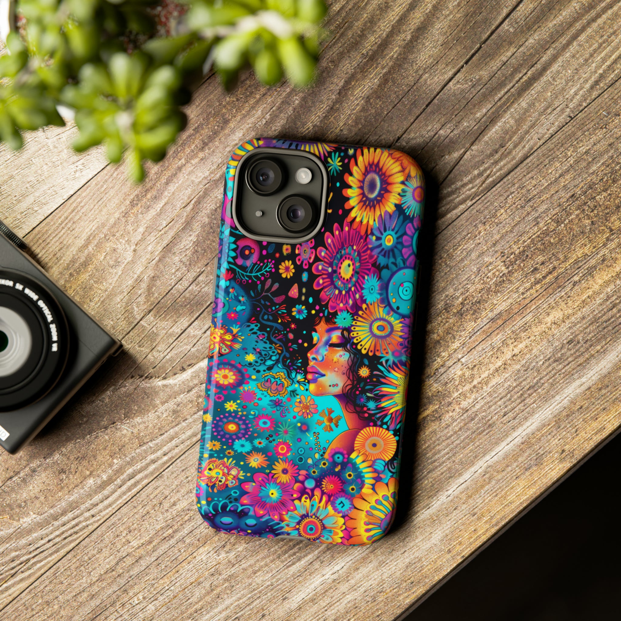 Phone Case, 1970's inspired flower girl, Artistic design, Tough Case, Colorful whimsical flower fantasy design, iPhone 15, 14, 13, 12, 11, Samsung, Pixel