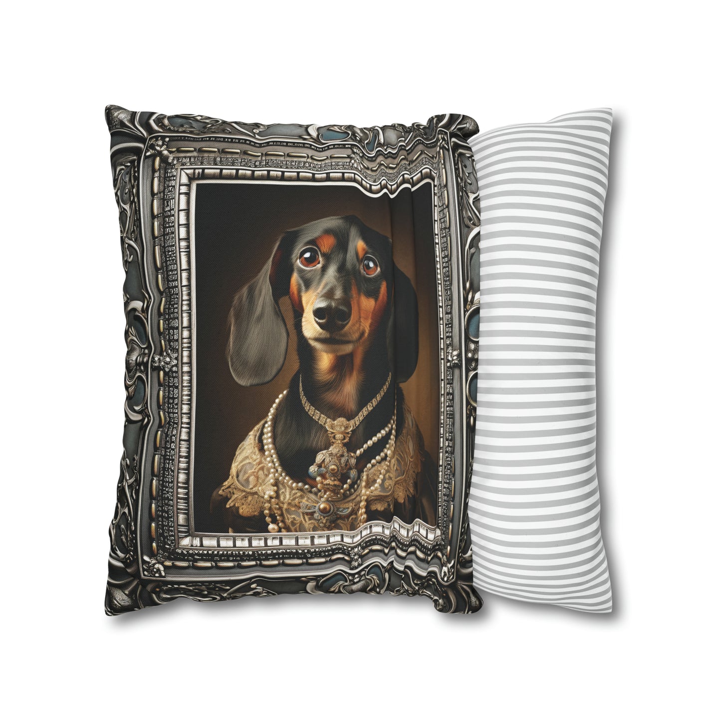 Square Pillow Case 18" x 18", CASE ONLY, no pillow form, original Art ,a Beautiful Painting of a Dachshund in a silver frame.