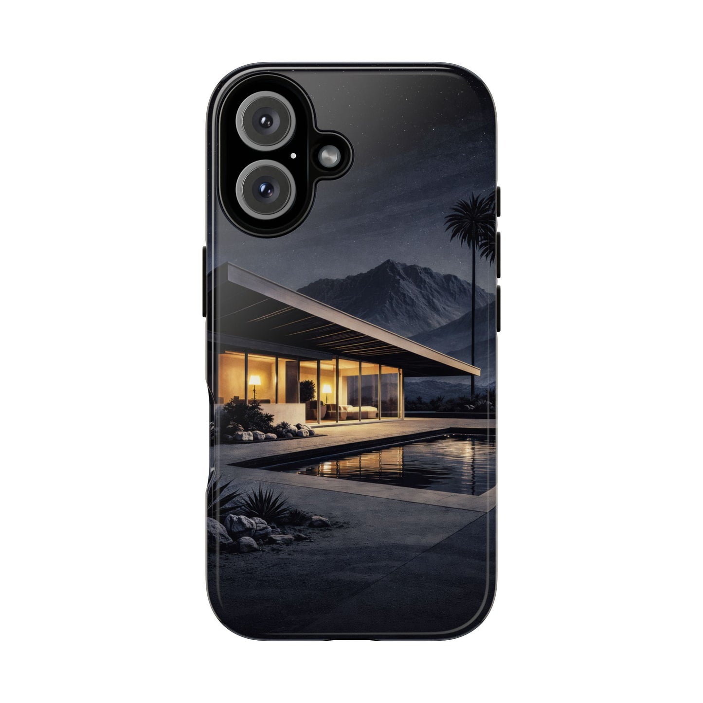 Modern Palm Springs House Phone Case — Mid-Century Poolside Evening Scene