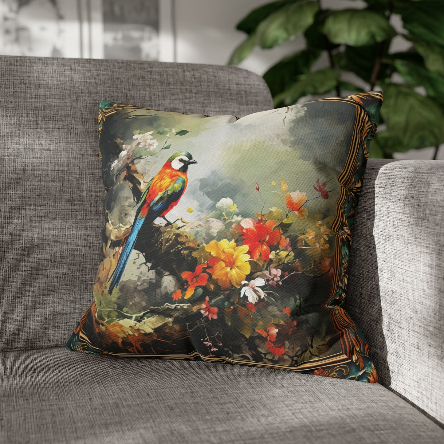Square Pillow Case 18" x 18", CASE ONLY, no pillow form, original Art , a Colorful Green headed Bird on a Flowering Tree Branch