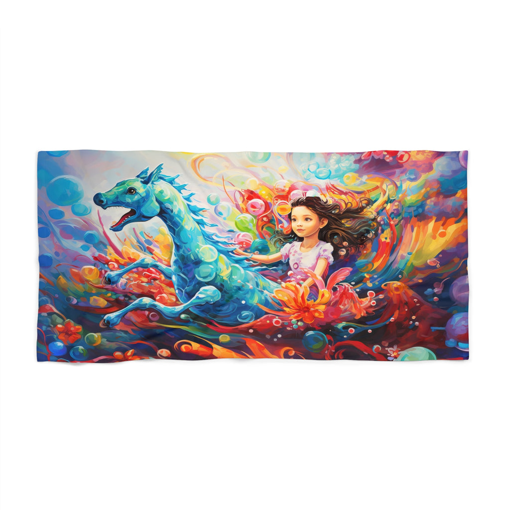 Girl riding the sea horse Beach Towel in two sizes