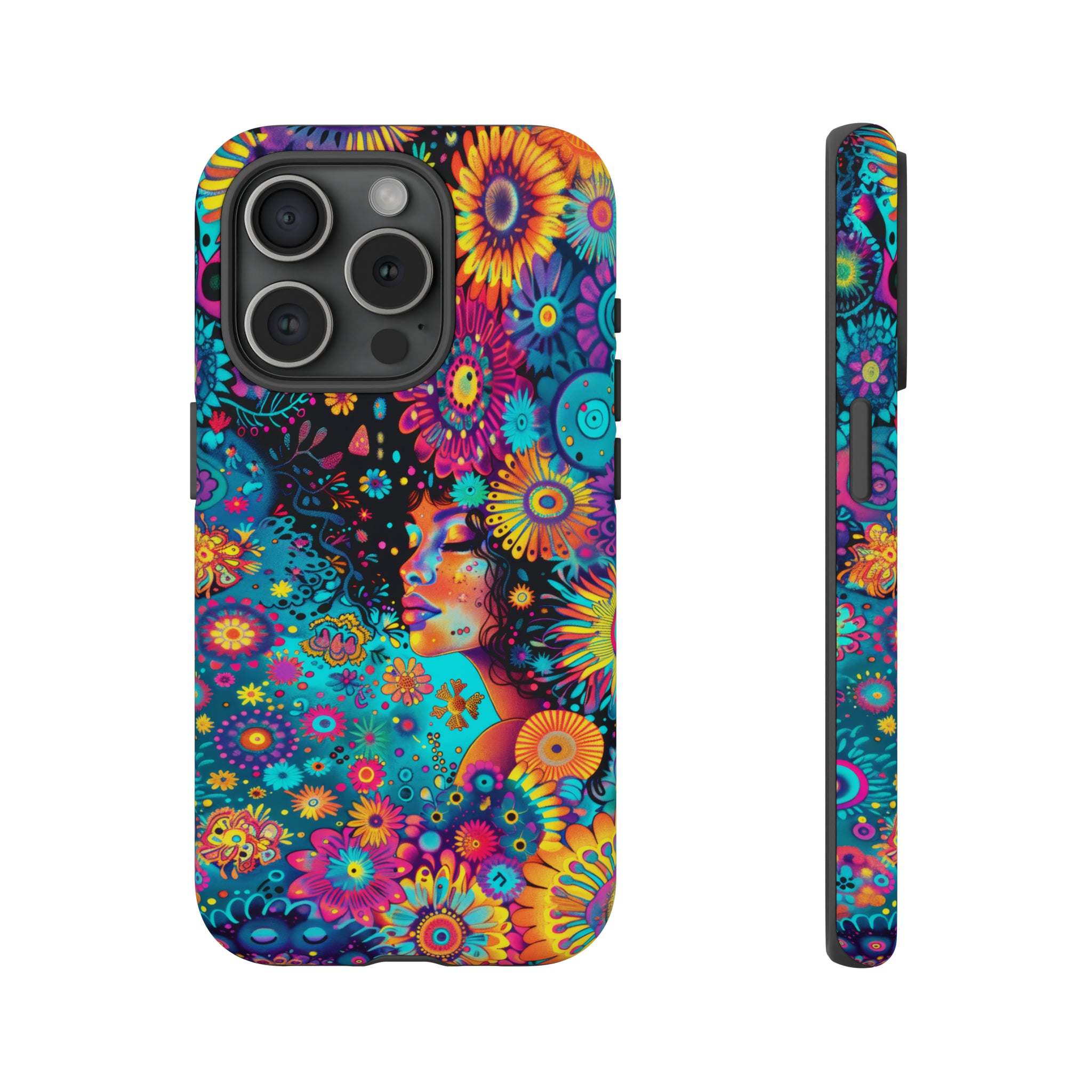 Phone Case, 1970's inspired flower girl, Artistic design, Tough Case, Colorful whimsical flower fantasy design, iPhone 15, 14, 13, 12, 11, Samsung, Pixel