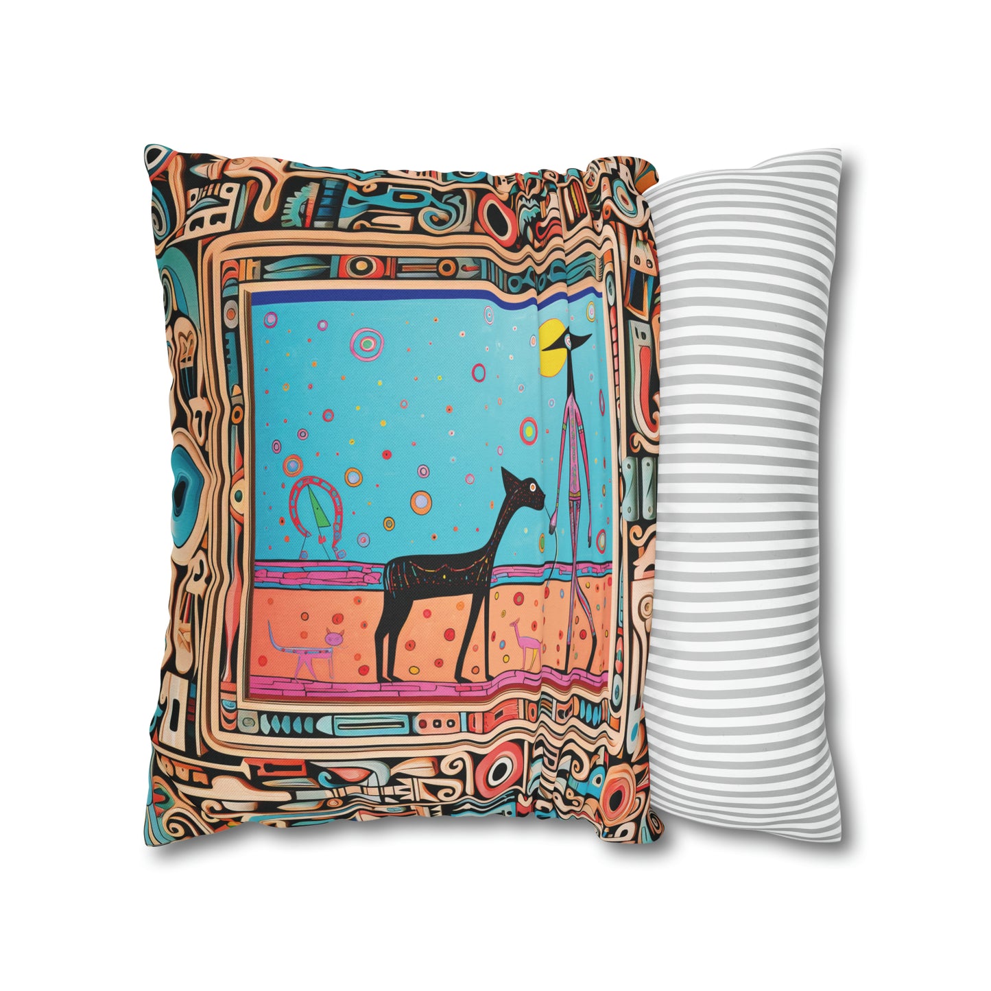 Square Pillow Case 18" x 18", CASE ONLY, no pillow form, original Pop Art Style, Alien Walking Her Dog, Image in a Frame