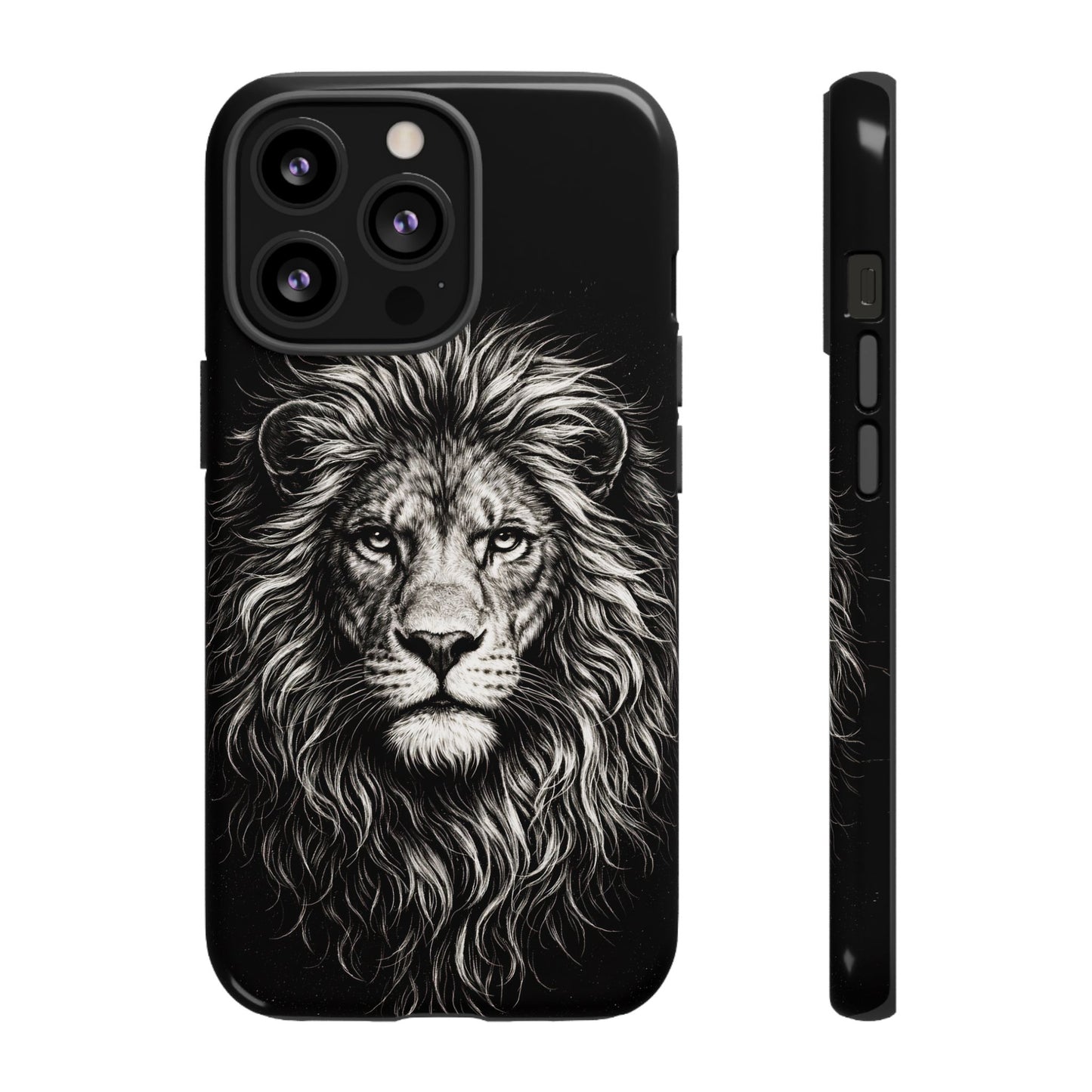 Lion Portrait Tough Phone Case — Protective Black Rugged Case with Detailed Lion Artwork