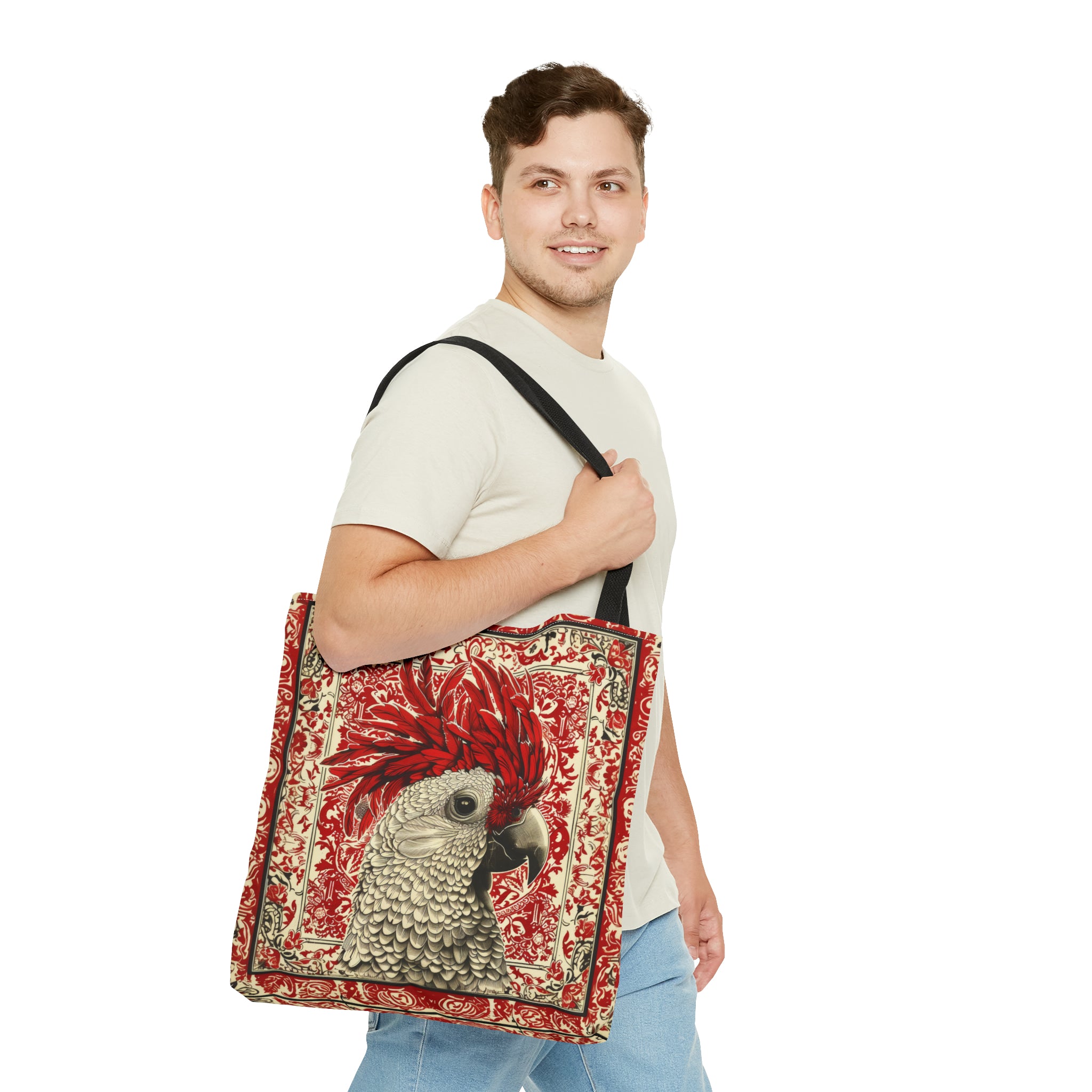 Canvas Tote Bag, vintage inspired exotic bird design in red, vibrant artistic accessory, whimsical all over print bag, three sizes