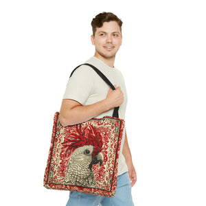 Canvas Tote Bag, vintage inspired exotic bird design in red, vibrant artistic accessory, whimsical all over print bag, three sizes