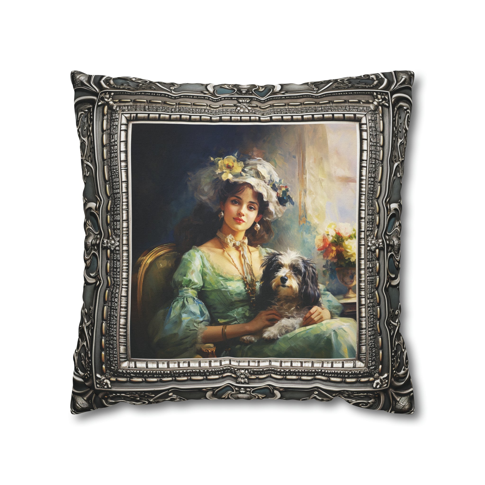 Square Pillow Case 18" x 18", CASE ONLY, no pillow form, original Art , a Painting of a Young Woman and her Dog in an Antique Frame
