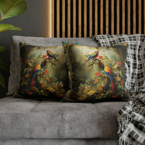 Square Pillow Case 18" x 18", CASE ONLY, no pillow form, original Art ,Two Colorful Tropical Birds on a Flowering Branch in the Forest