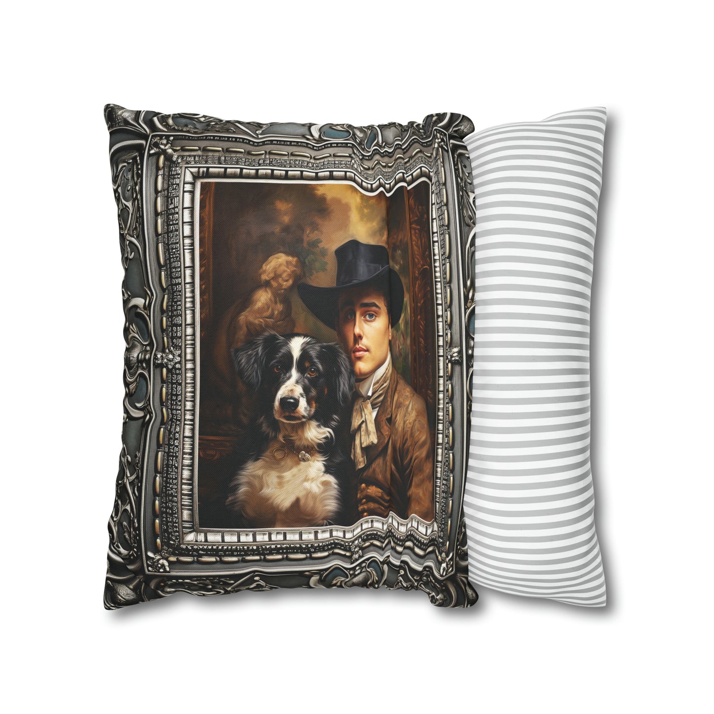 Square Pillow Case 18" x 18", CASE ONLY, no pillow form, original Art ,a Painting of a Spanish Royal and His Dog, Antique Frame