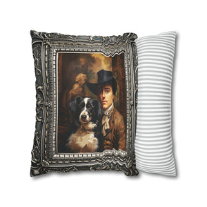 Square Pillow Case 18" x 18", CASE ONLY, no pillow form, original Art ,a Painting of a Spanish Royal and His Dog, Antique Frame