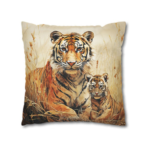 Square Pillow Case 18" x 18", CASE ONLY, no pillow form, original Art ,Colorful, A Mother Tiger and Her Cub in the African Scrub Grass
