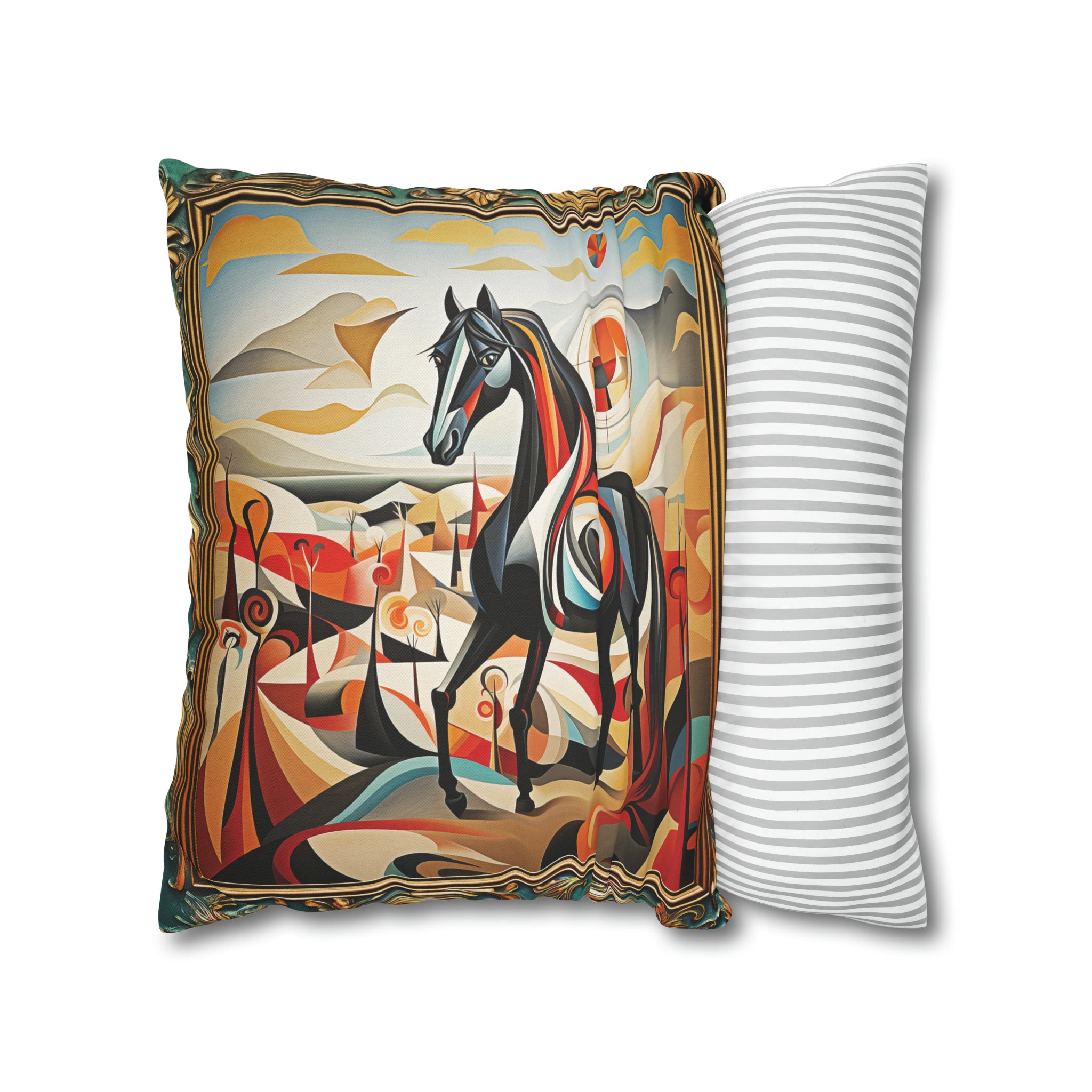 Square Pillow Case 18" x 18", CASE ONLY, no pillow form, original Art ,Colorful, Beautiful Cubist Style Horse on a colorful Landscape with Mountains