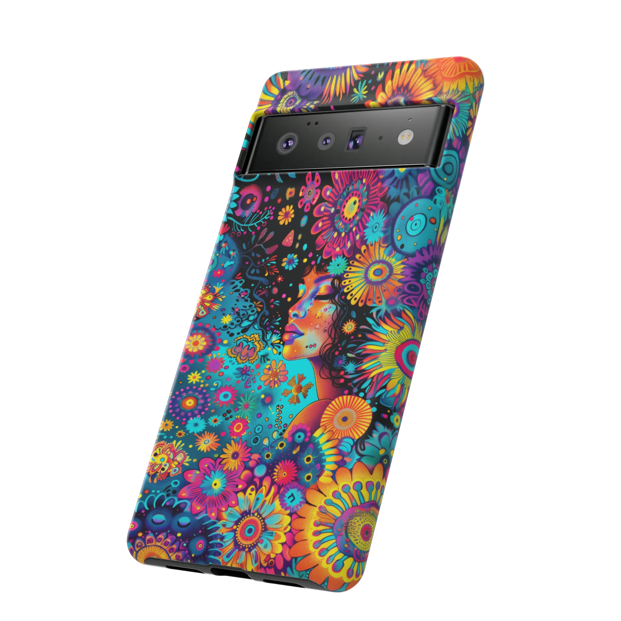 Phone Case, 1970's inspired flower girl, Artistic design, Tough Case, Colorful whimsical flower fantasy design, iPhone 15, 14, 13, 12, 11, Samsung, Pixel