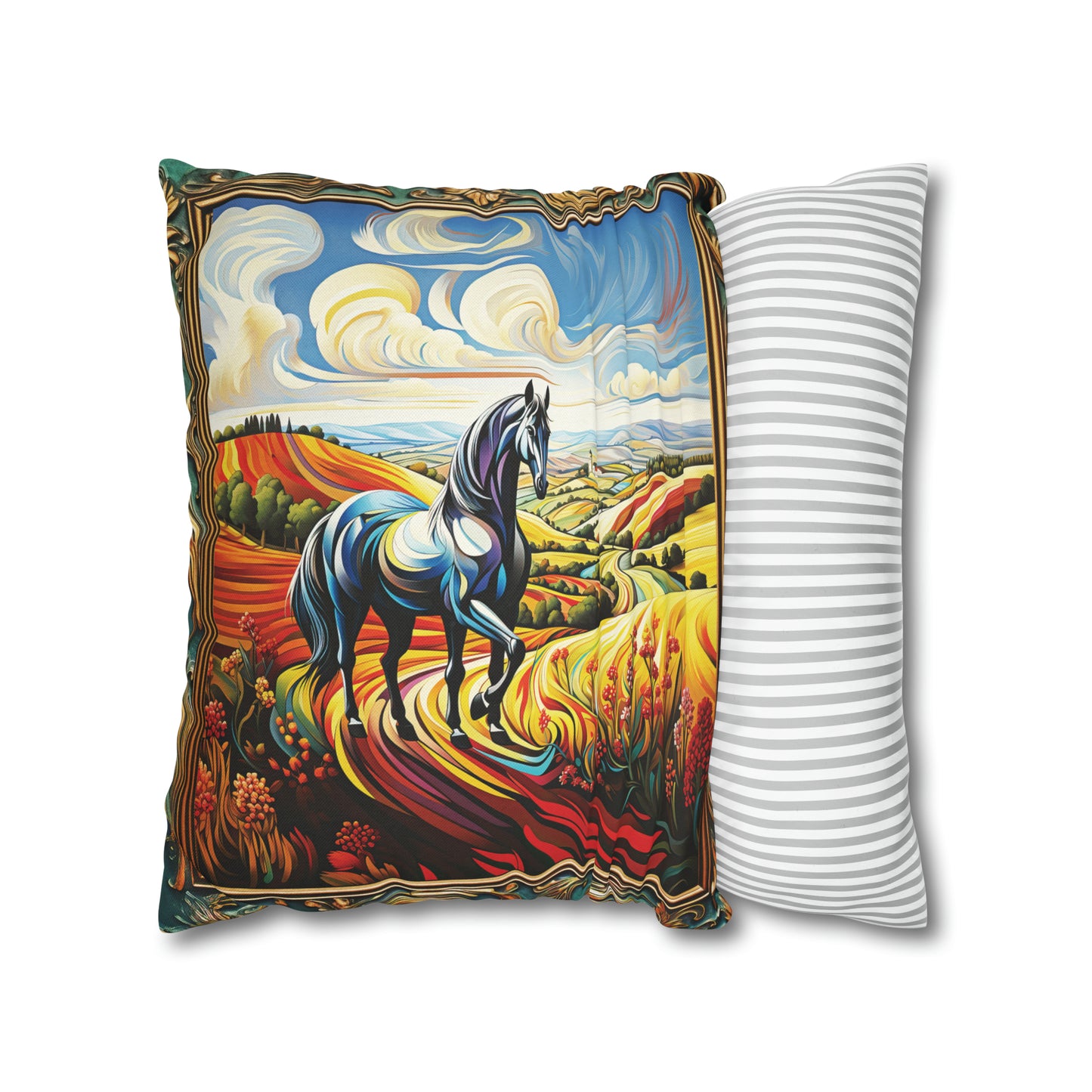 Square Pillow Case 18" x 18", CASE ONLY, no pillow form, original Art ,Colorful, Beautiful Horse on a Rainbow Landscape.