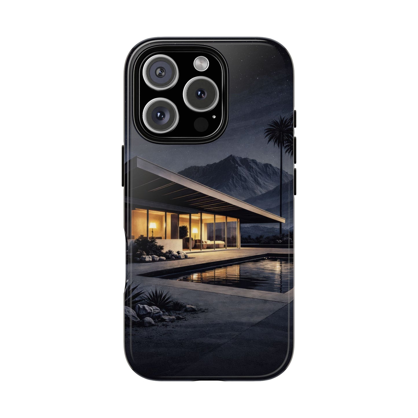 Modern Palm Springs House Phone Case — Mid-Century Poolside Evening Scene