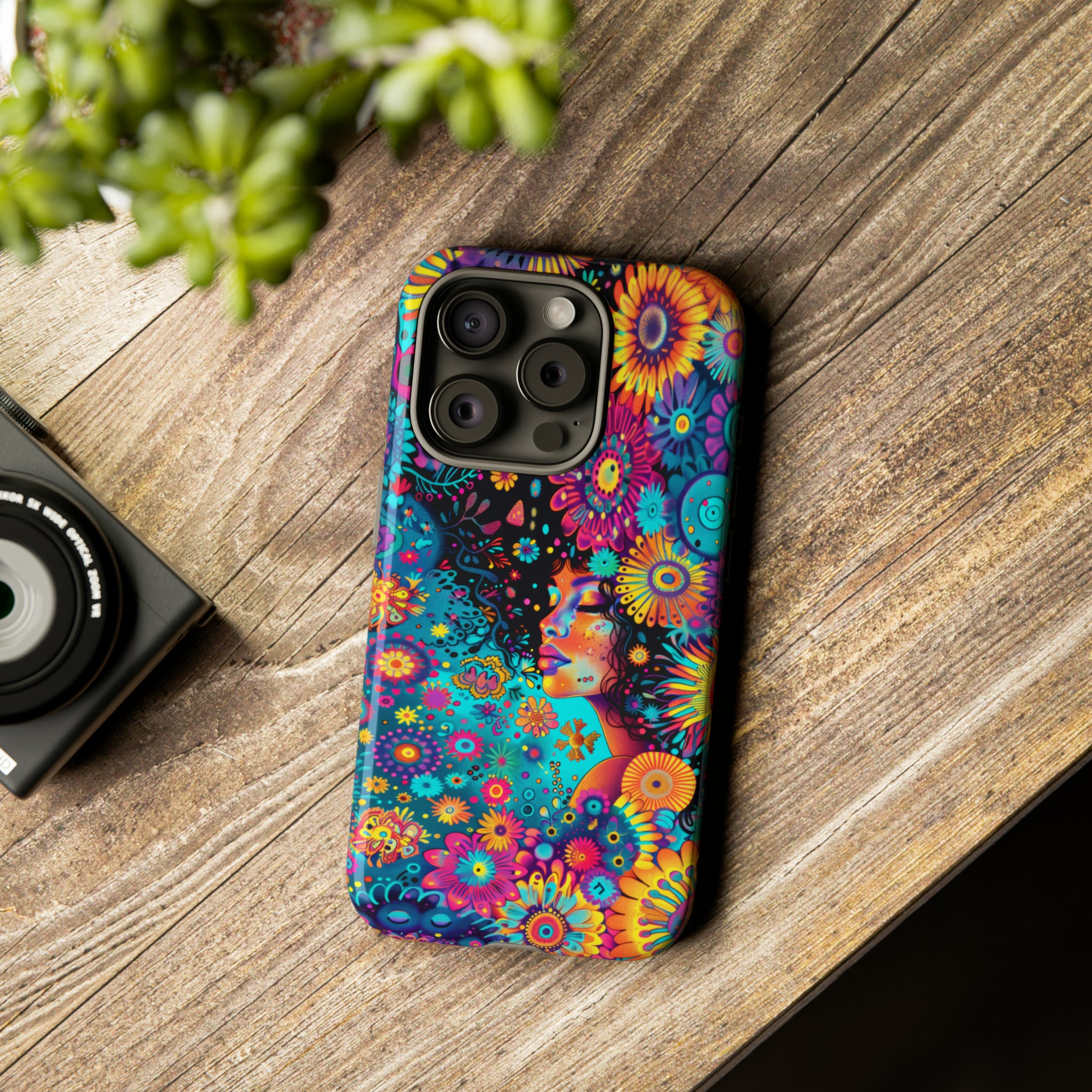 Phone Case, 1970's inspired flower girl, Artistic design, Tough Case, Colorful whimsical flower fantasy design, iPhone 15, 14, 13, 12, 11, Samsung, Pixel