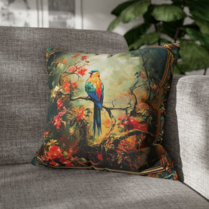 Square Pillow Case 18" x 18", CASE ONLY, no pillow form, original Art , a Colorful Bird on a Flowering Branch in the Forest
