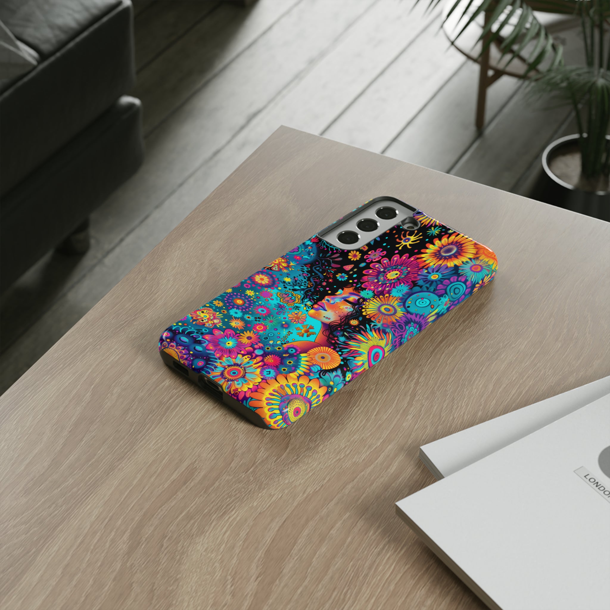 Phone Case, 1970's inspired flower girl, Artistic design, Tough Case, Colorful whimsical flower fantasy design, iPhone 15, 14, 13, 12, 11, Samsung, Pixel