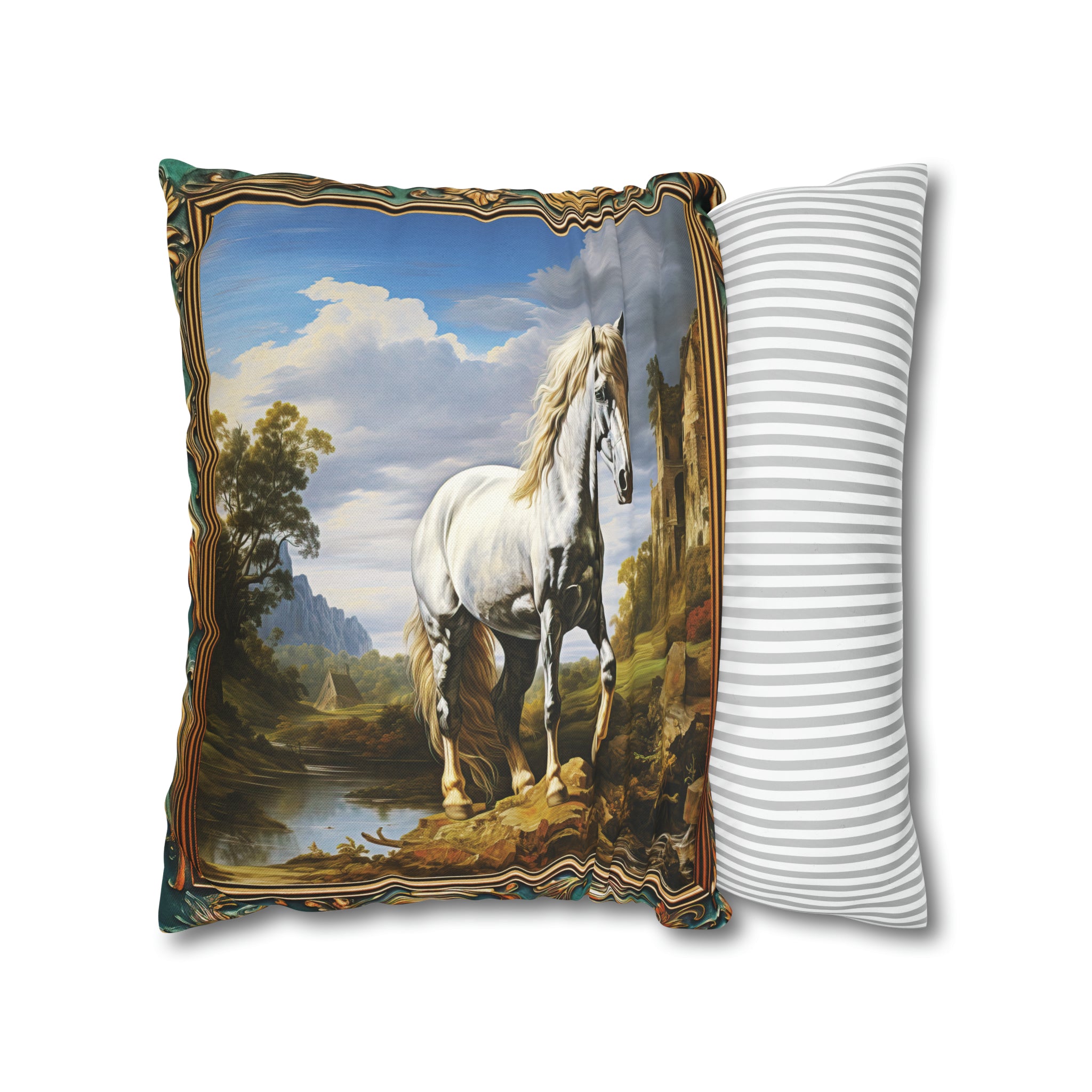 Square Pillow Case 18" x 18", CASE ONLY, no pillow form, original Art ,Colorful, Beautiful White Stallion with a Castle and Mountains