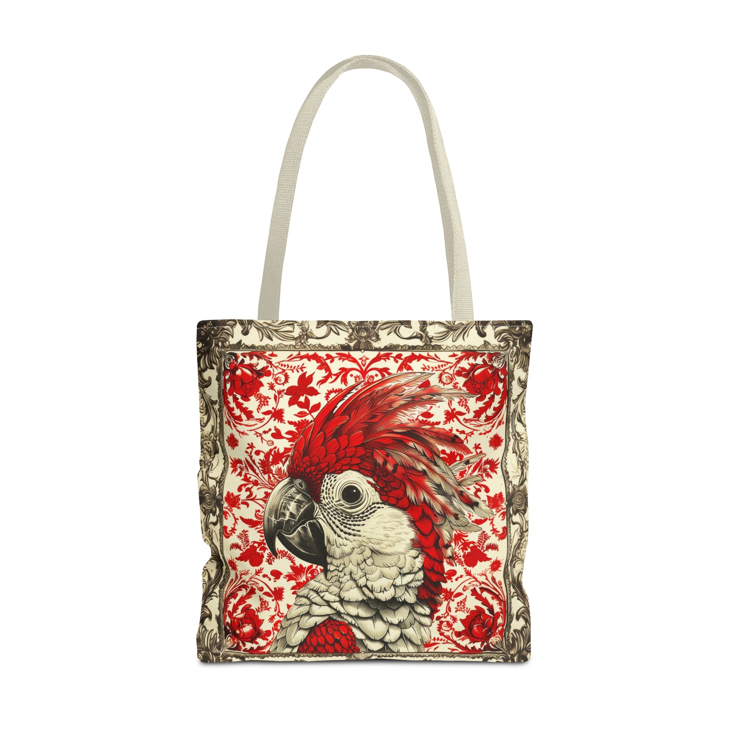 Canvas Tote Bag, vintage inspired bird design in red, vibrant artistic accessory, all over print bag