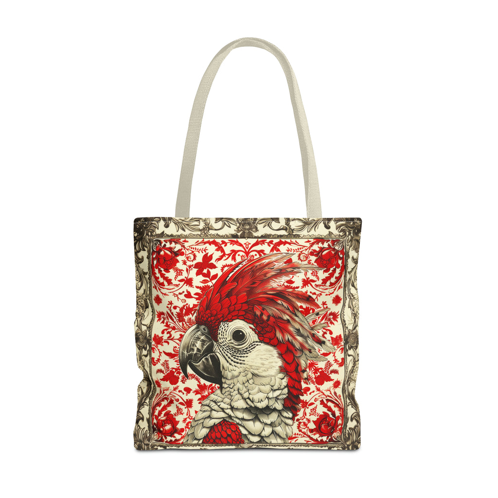 Canvas Tote Bag, vintage inspired bird design in red, vibrant artistic accessory, all over print bag