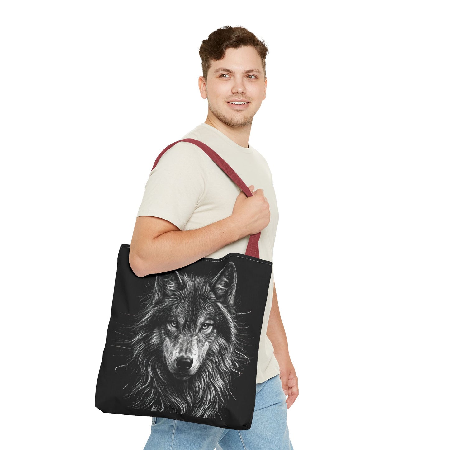 Wolf Portrait Drawing Tote Bag — Black Realistic Wolf Face All-Over Print