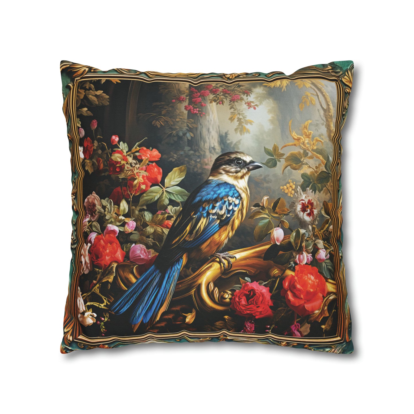 Square Pillow Case 18" x 18", CASE ONLY, no pillow form, original Art , a Colorful Blue & Gold Bird on a Flowering Branch