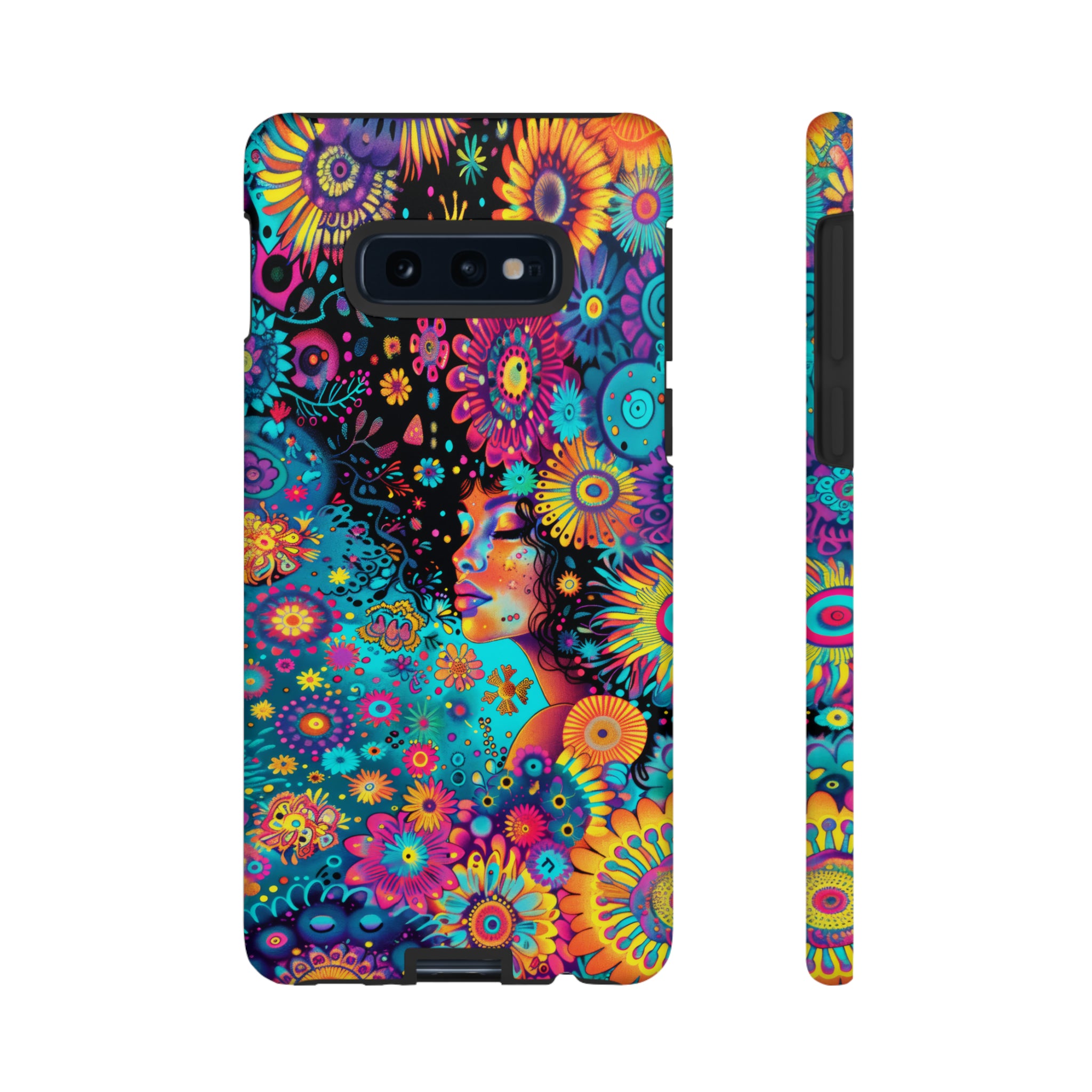 Phone Case, 1970's inspired flower girl, Artistic design, Tough Case, Colorful whimsical flower fantasy design, iPhone 15, 14, 13, 12, 11, Samsung, Pixel