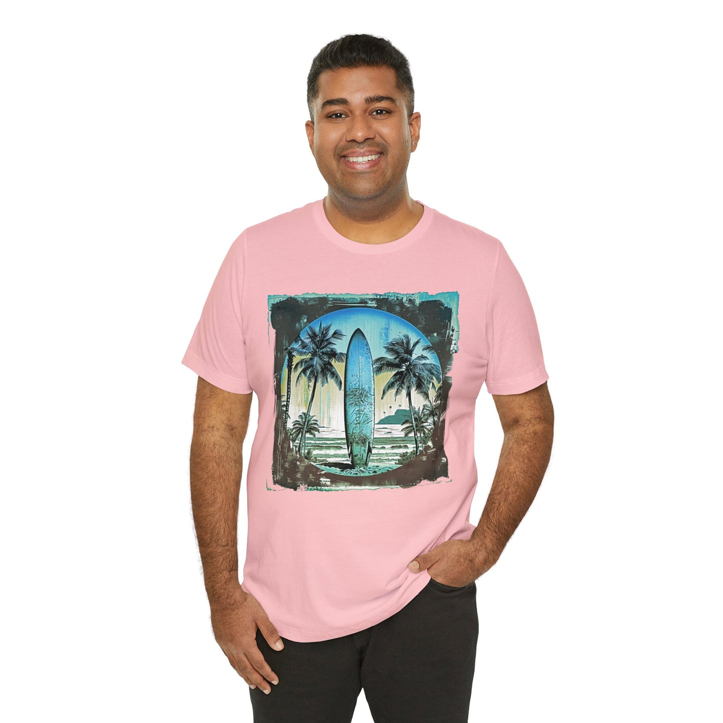 Blue board on the beach Unisex Jersey Short Sleeve Tee