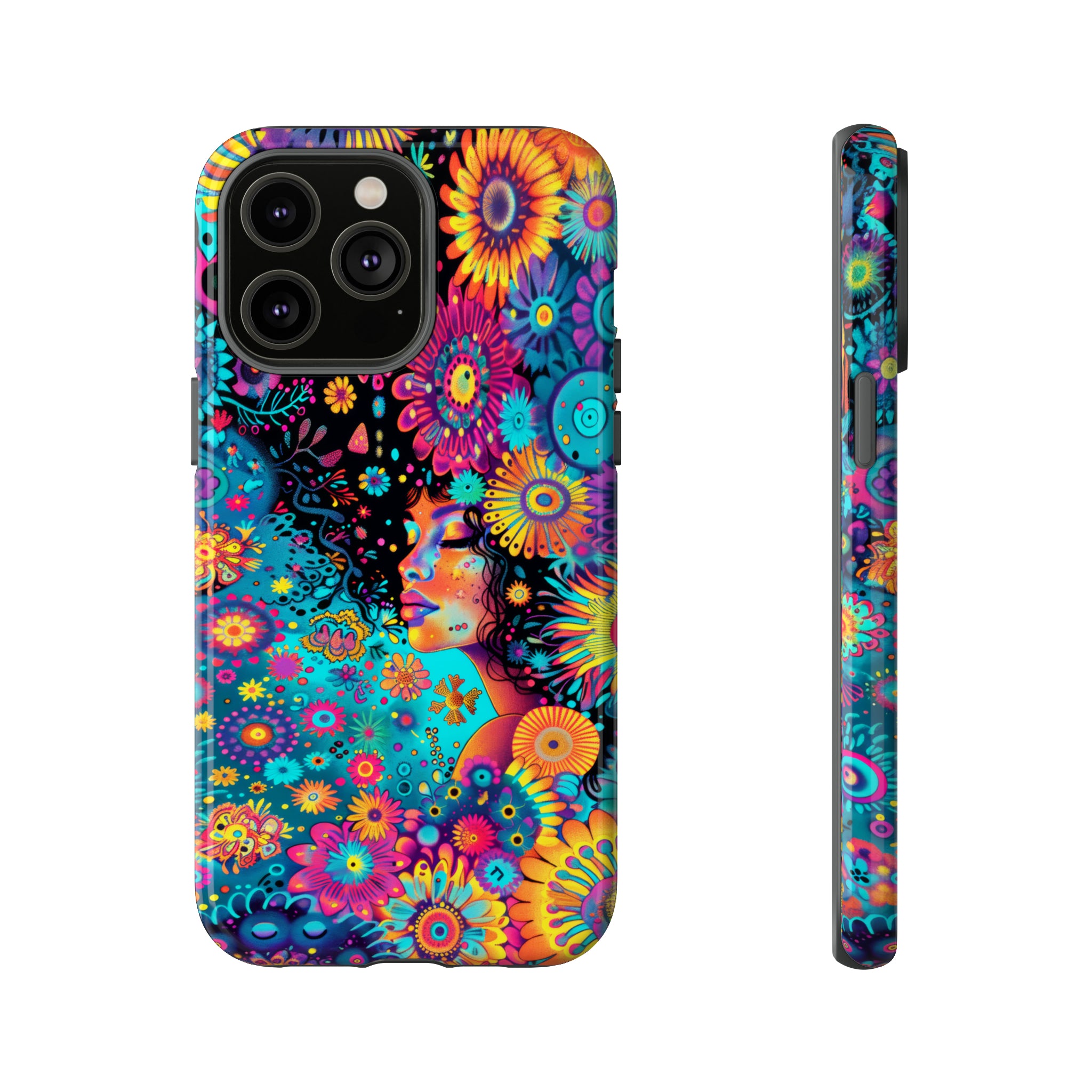 Phone Case, 1970's inspired flower girl, Artistic design, Tough Case, Colorful whimsical flower fantasy design, iPhone 15, 14, 13, 12, 11, Samsung, Pixel