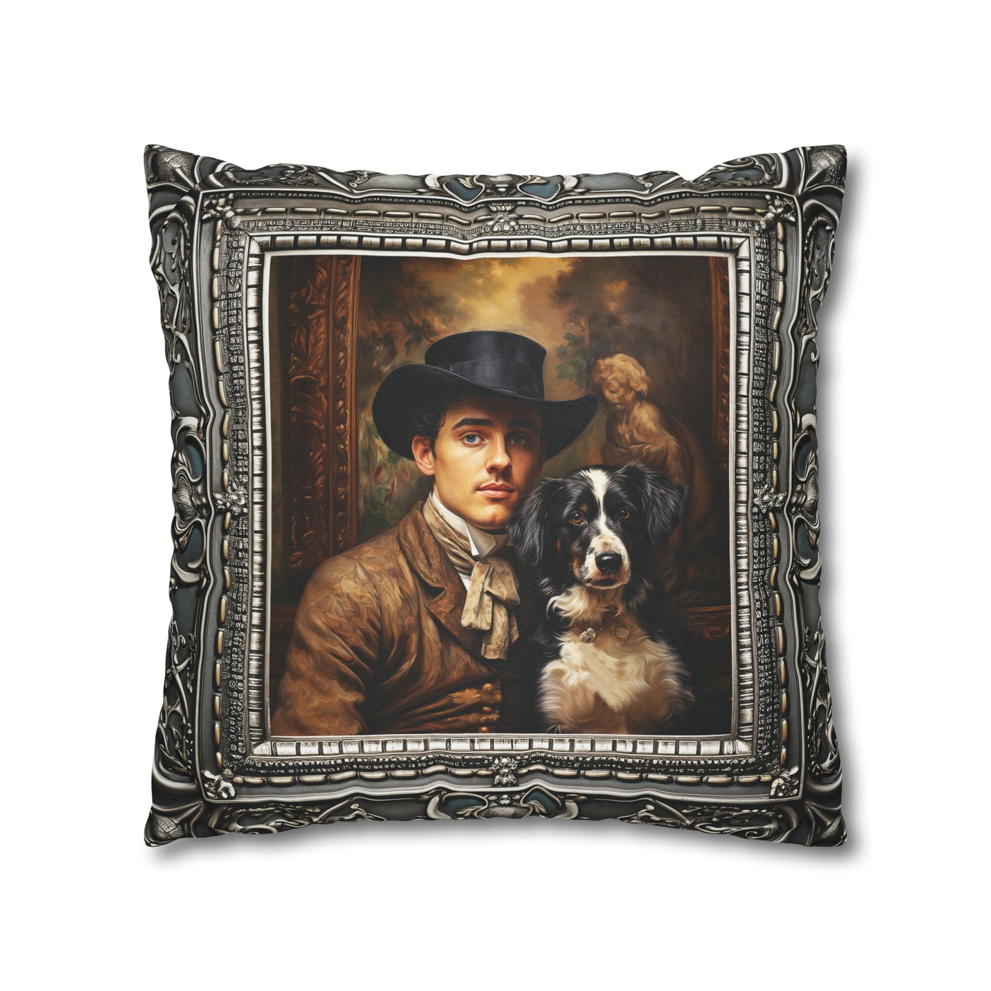 Square Pillow Case 18" x 18", CASE ONLY, no pillow form, original Art ,a Painting of a Spanish Royal and His Dog, Antique Frame