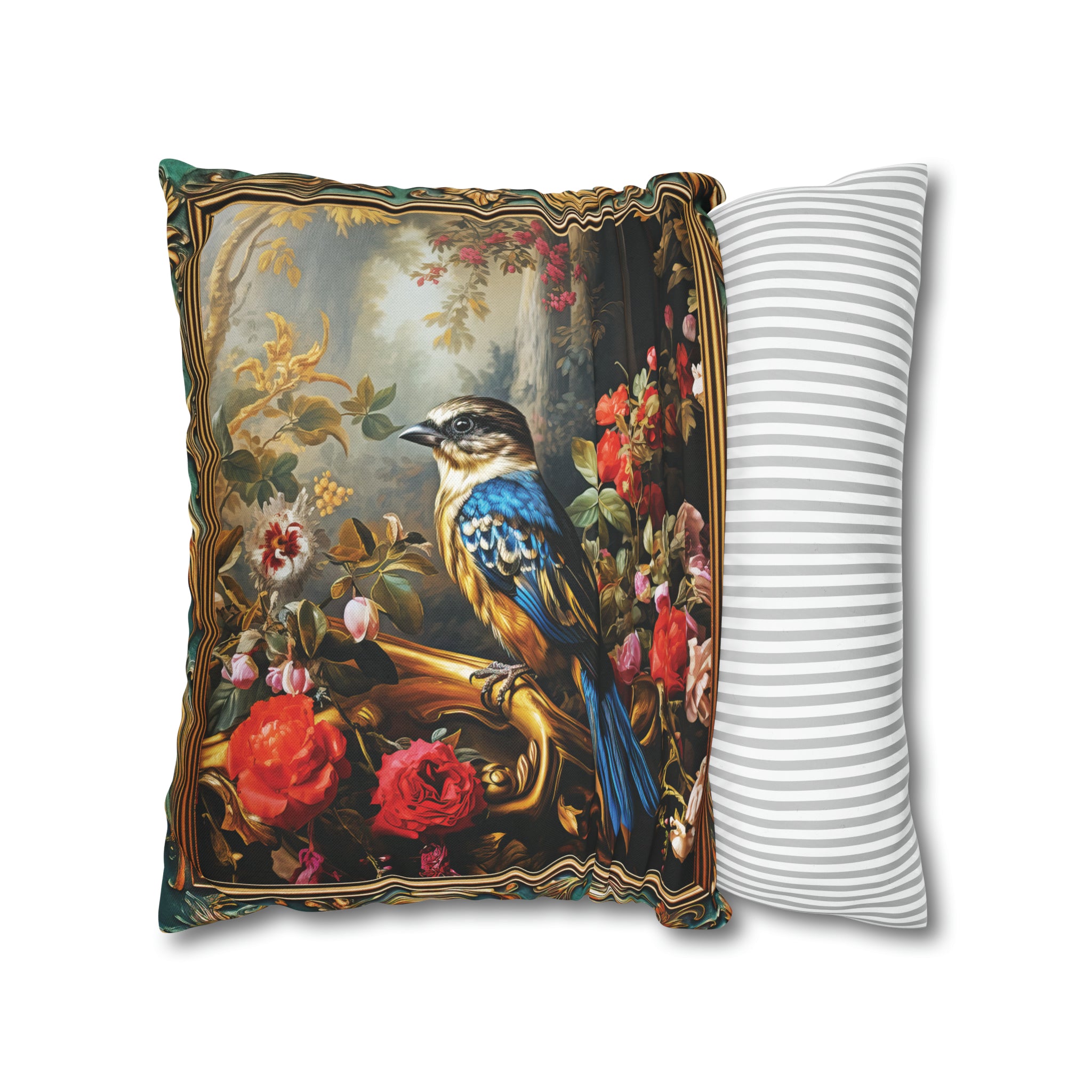 Square Pillow Case 18" x 18", CASE ONLY, no pillow form, original Art , a Colorful Blue & Gold Bird on a Flowering Branch