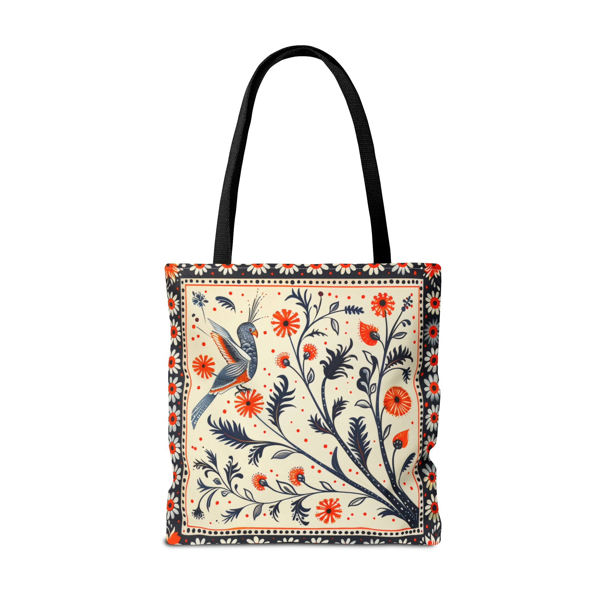 Canvas Tote Bag, red & black vintage inspired bird on a branch design, vibrant artistic accessory, whimsical all over print bag in three sizes