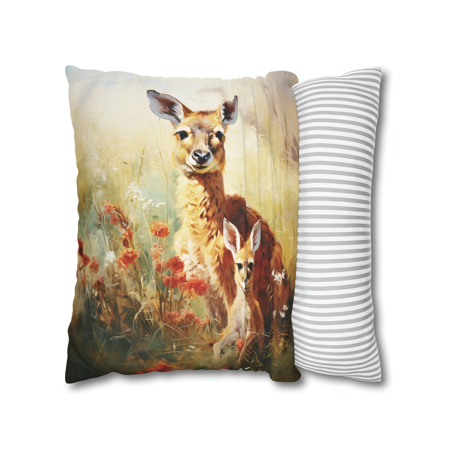 Square Pillow Case 18" x 18", CASE ONLY, no pillow form, original Art ,Colorful, a Mother Kangaroo with Her Joey in the Golden Grass with Flowers