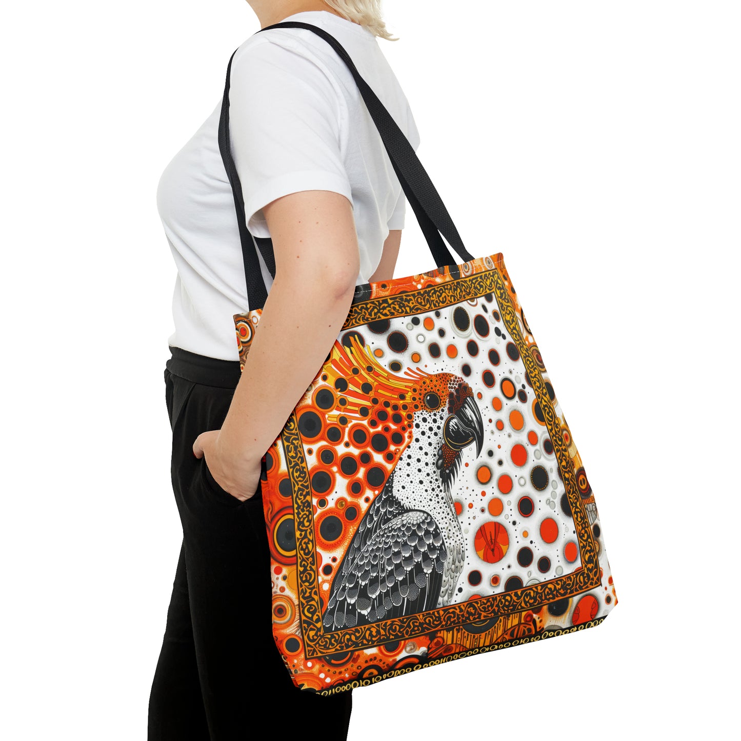 Canvas Tote Bag, Mod inspired orange bird design, vibrant artistic accessory, whimsical all over print bag in three sizes with cockatoo design