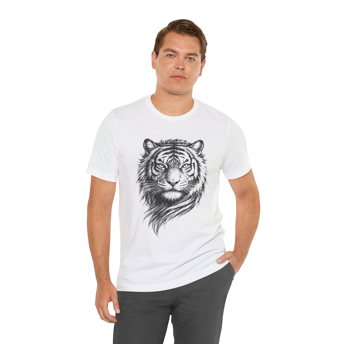 Tiger Head Sketch T-Shirt — Detailed Black & White charcoal drawing style  Wildlife Graphic Tee
